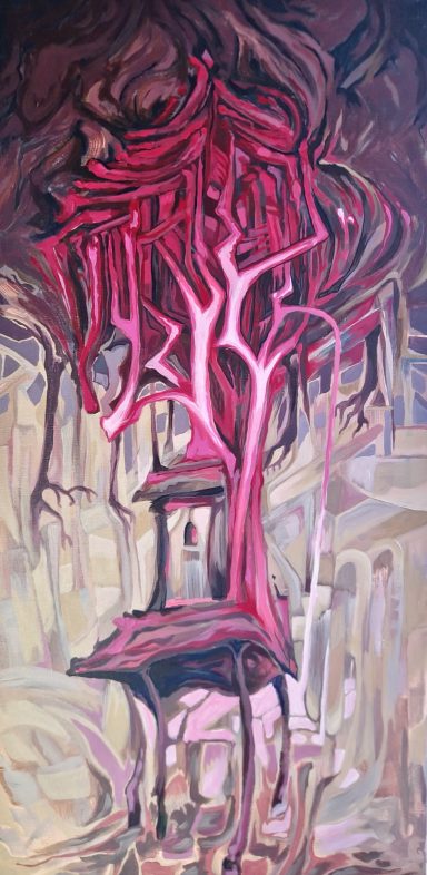 Abstrakte Darstellung eines Hauses unter einem roten Baum auf braunem Hintergrund.