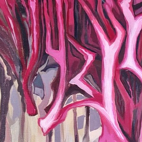 Gemälde Muted Muse Rosa, verzweigte Korallenstruktur vor einem abstrakten Hintergrund.