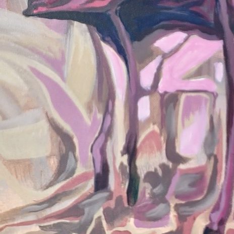 Gemälde Muted Muse Abstrakte Malerei mit fließenden Formen und einer Vielzahl von Farben in Rosa- und Lila-Tönen.