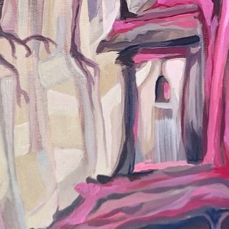 Gemälde Muted Muse Abstraktes Kunstwerk mit pinken und violetten Farbtönen, das eine geheimnisvolle Struktur darstellt.