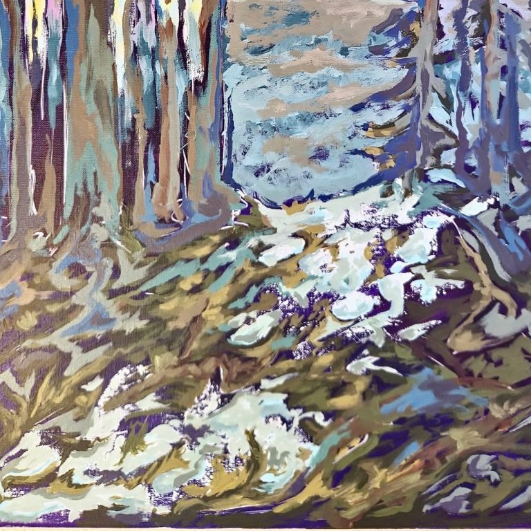 Gemälde Muted Muse Ein malerischer Waldweg, umgeben von farbenfrohen Bäumen und Schneeflecken.