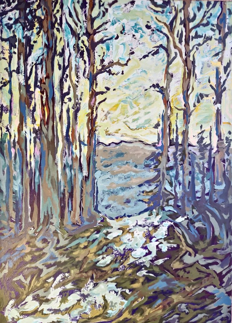Gemälde Muted Muse Landschaft mit Bäumen, Wasser im Hintergrund und sanften Farbverläufen.