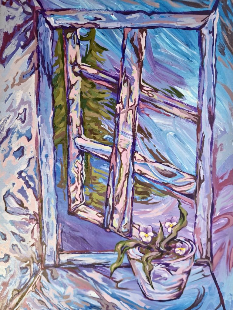Gemälde Muted Muse Bunte Fensteransicht mit einem Topf Blumen auf der Fensterbank.