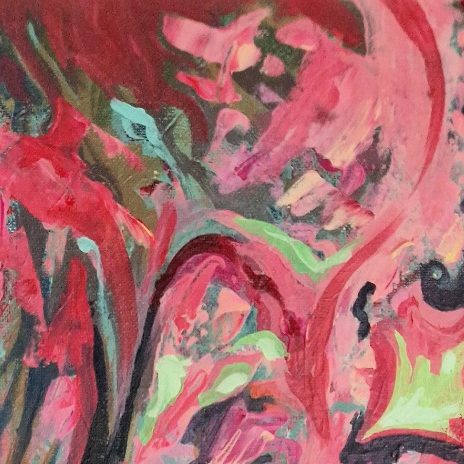 Gemälde Muted Muse Abstrakte Malerei mit kräftigen Farben in Rot, Grün und Schwarz.