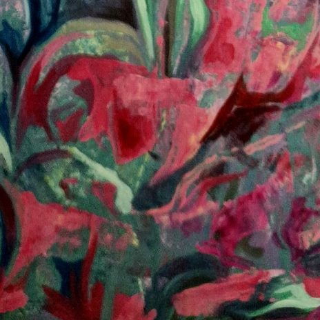 Gemälde Muted Muse Abstrakte Malerei mit lebhaften Farben in Rot, Grün und Blau, die Pflanzen darstellt.