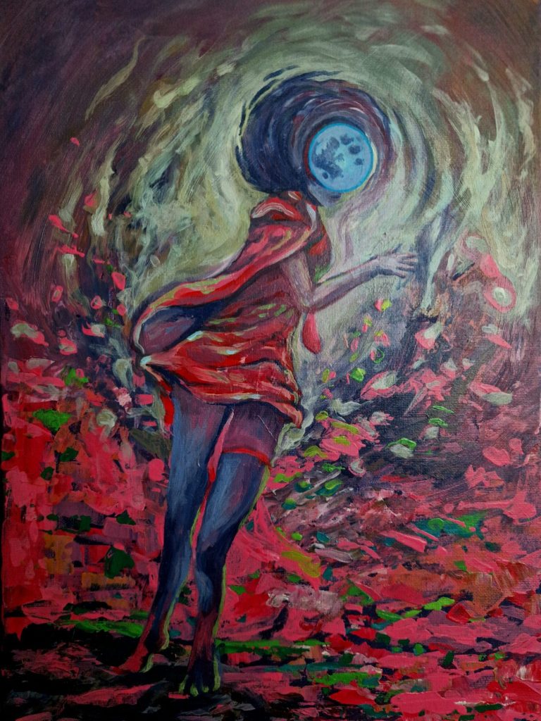 Gemälde: Wegdrehen Gemälde: Eine mystische Figur in einem roten Kleid mit blauer Haut vor einer wirbelnden bunten Hintergrundlandschaft.