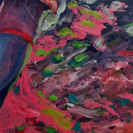 Gemälde Wegdrehen Bunte Farbschichten mit rosa und grünen Akzenten, die eine abstrakte Komposition bilden.