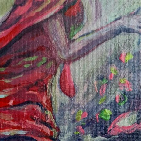 Gemälde Wegdrehen Abstrakte Darstellung einer Figur in lebhaften Rot- und Grüntönen.